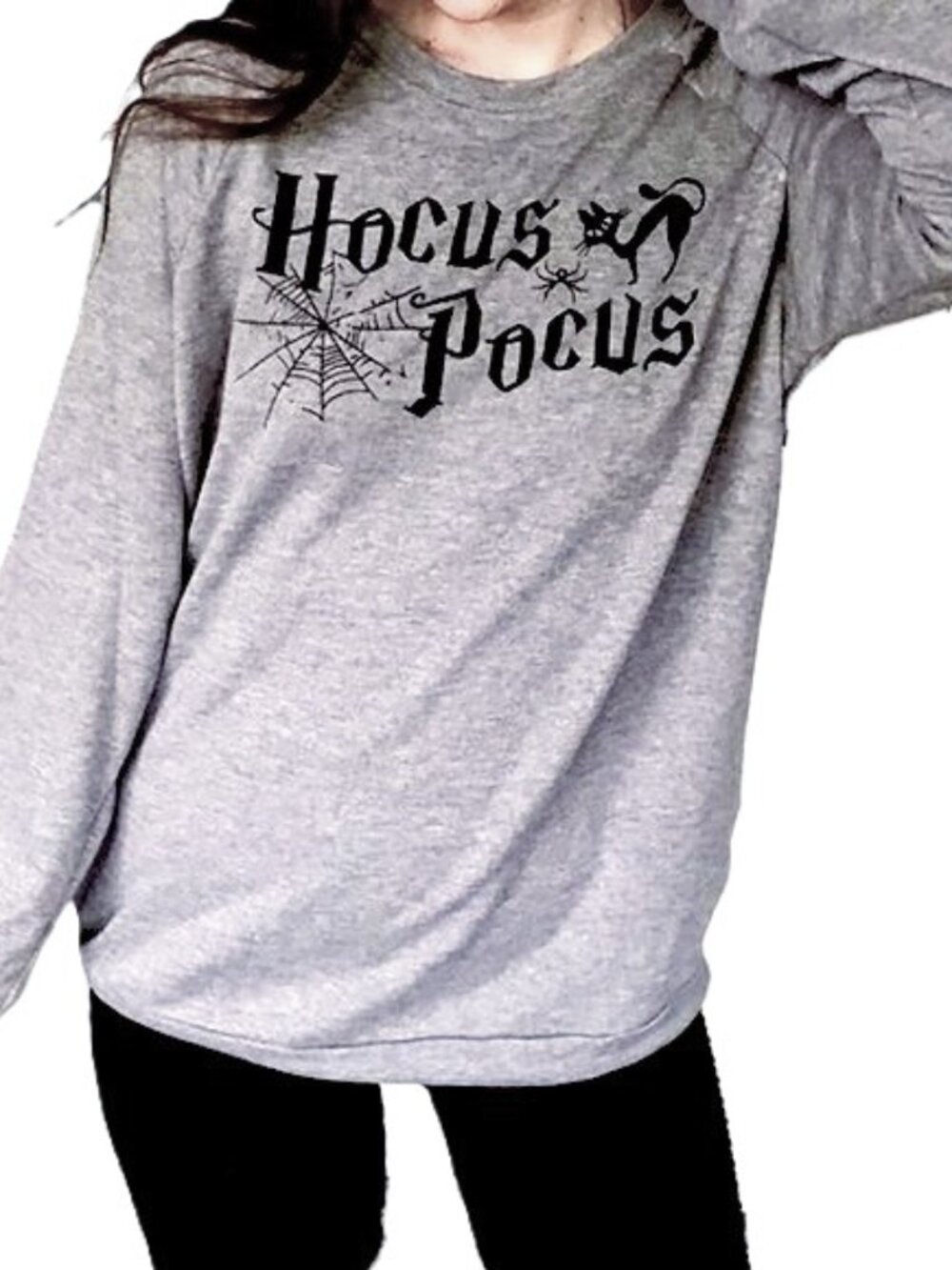 HOCUS POCUS Halloween Gray Sweatshirt Black Cat Spider Web Womens Large